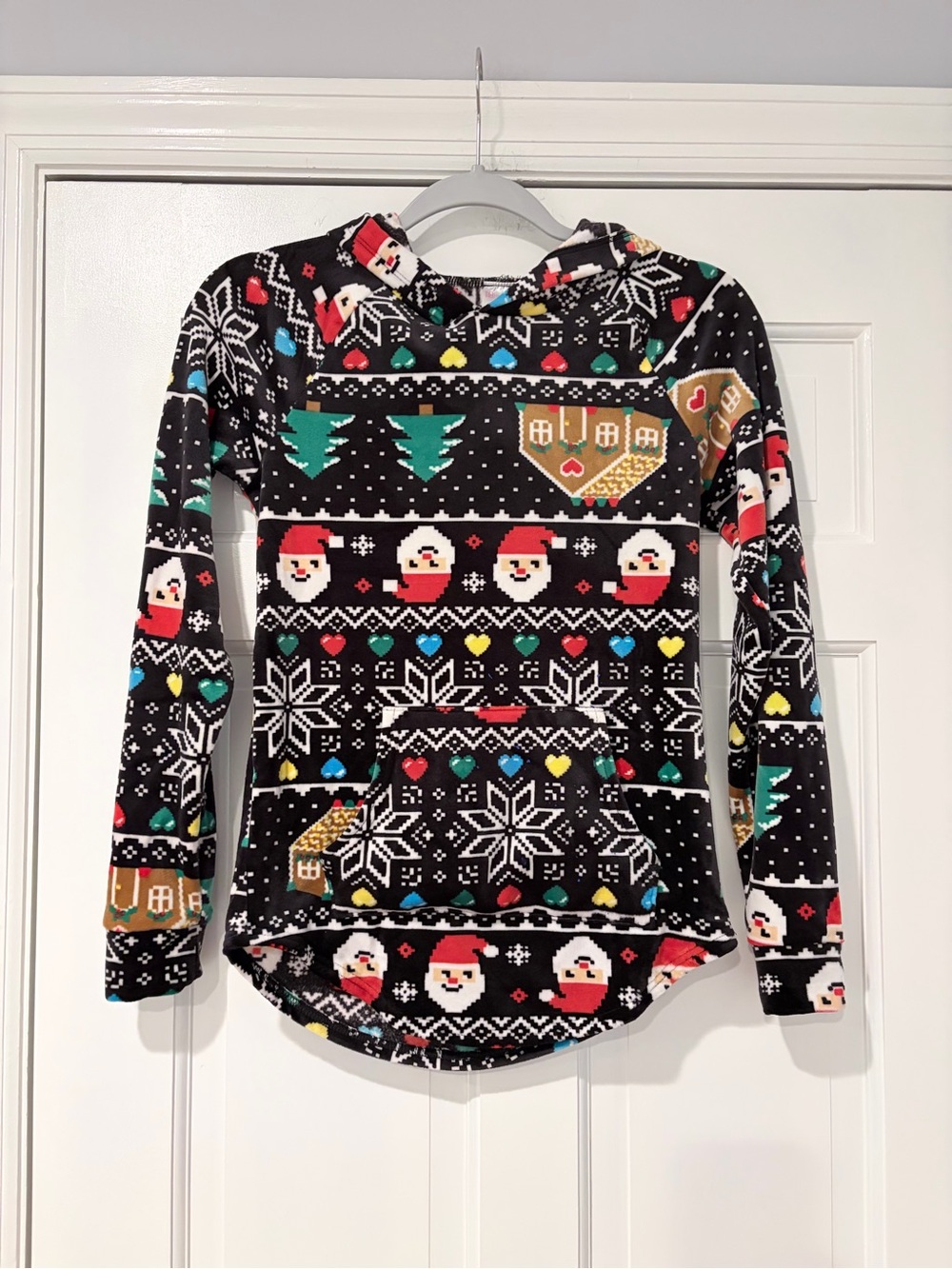 No Boundaries Black Christmas Print Fleece Top with Multicolor Accents